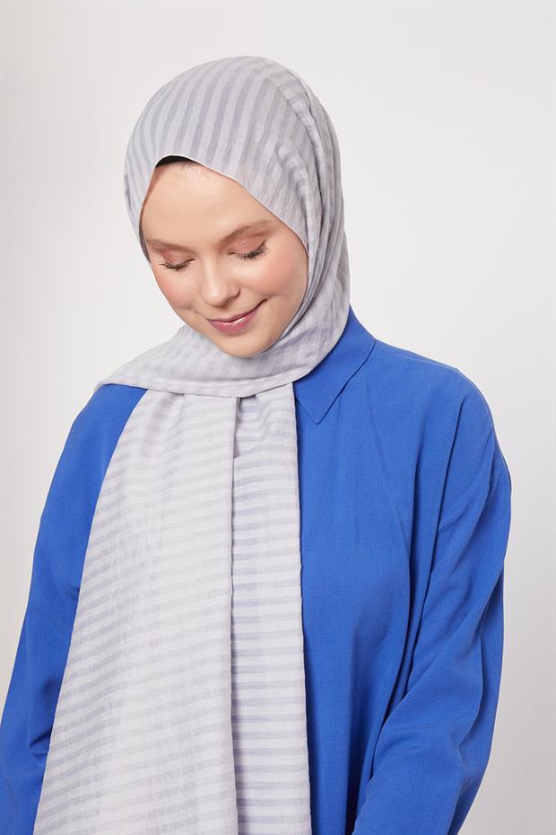 Açık Gri Çizgili Shinga Şal