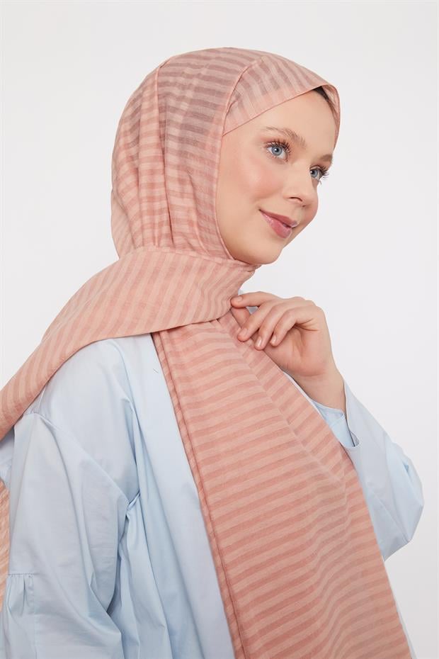 Açık Pudra Çizgili Shinga Şal