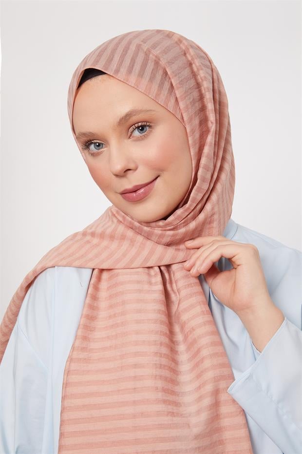 Açık Pudra Çizgili Shinga Şal