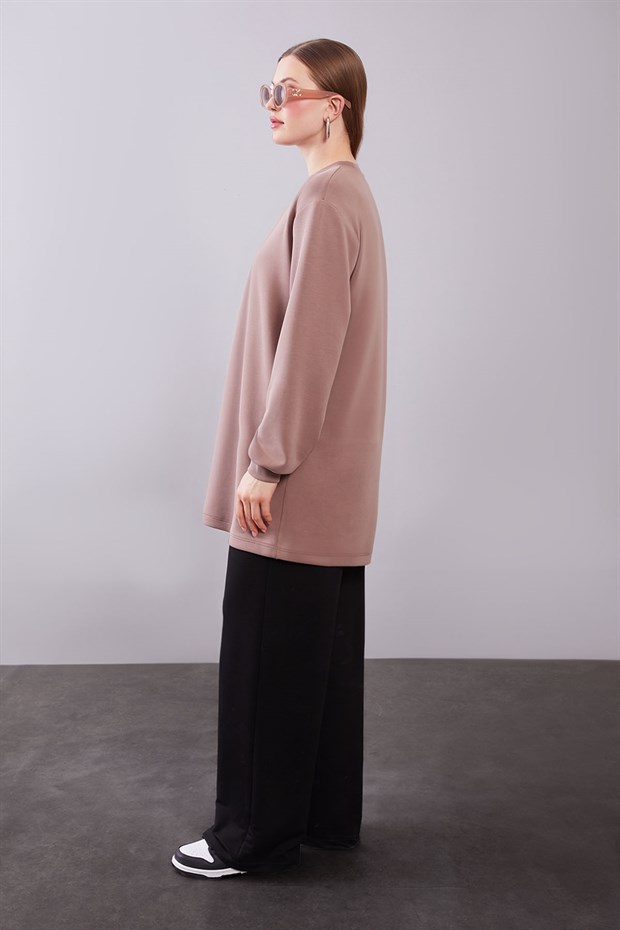 Açık Vizon Kol Manşetli Basic Sweat