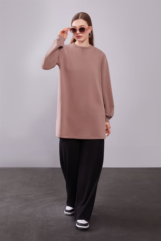 Açık Vizon Kol Manşetli Basic Sweat