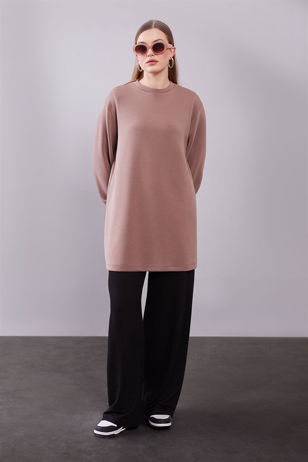 Açık Vizon Kol Manşetli Basic Sweat