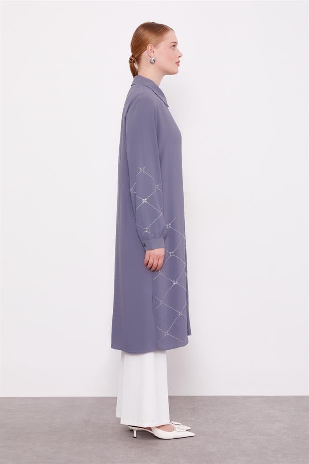 Antrasit Baklava Desen Taş Baskılı Tunik