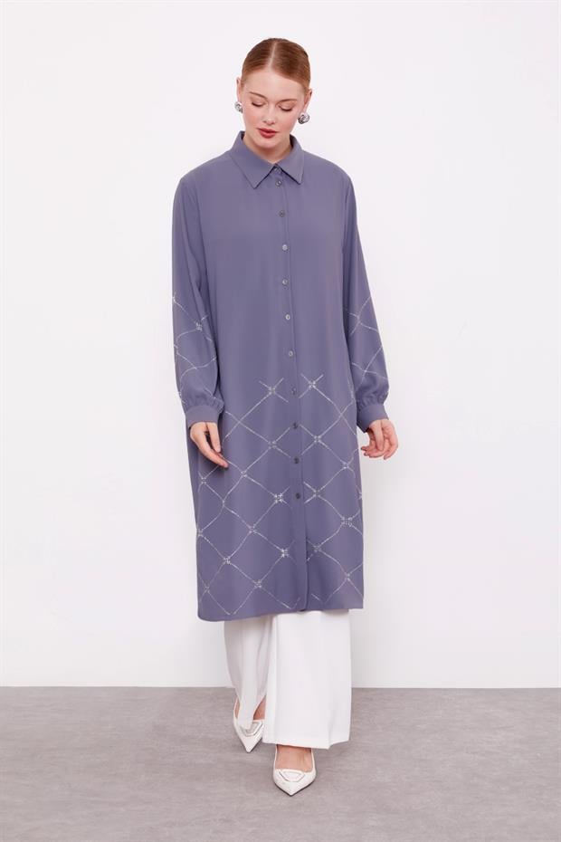 Antrasit Baklava Desen Taş Baskılı Tunik