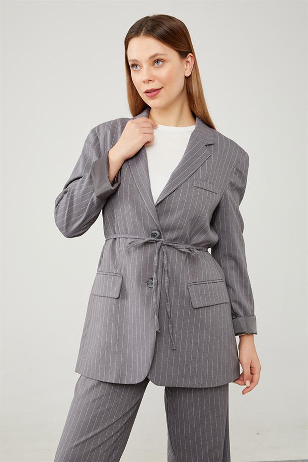Antrasit Belden Bağlamalı Çizgili Pantolonlu Takım