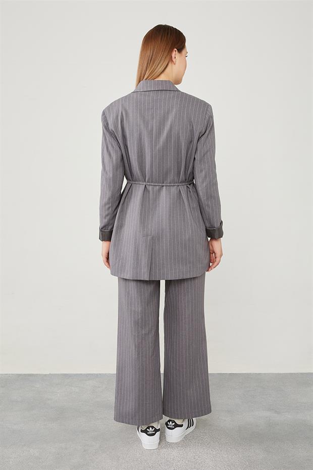 Antrasit Belden Bağlamalı Çizgili Pantolonlu Takım