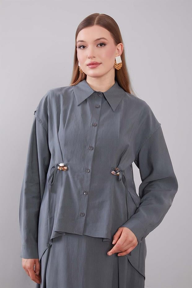 Antrasit Boncuk Bağlama Detaylı Etek Takım