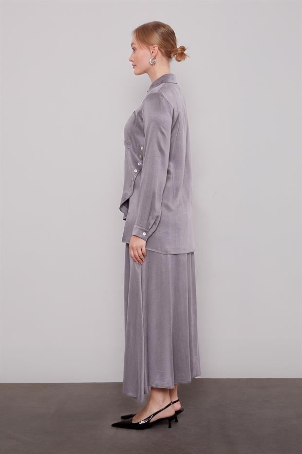 Antrasit Çapraz Düğme Detay Cupra Etek Takım