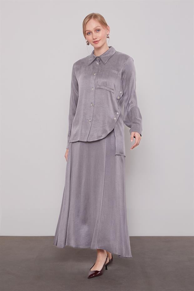 Antrasit Çapraz Düğme Detay Cupra Etek Takım