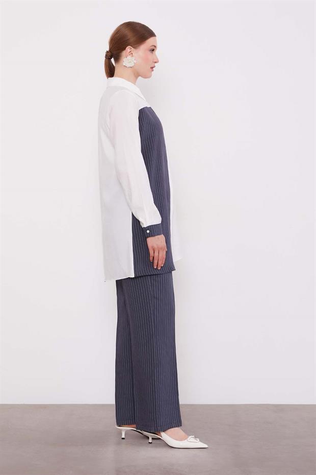 Antrasit Çizgili Çiçek Desen İkili Takım