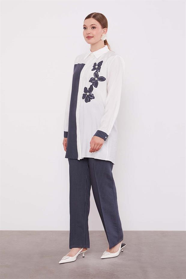 Antrasit Çizgili Çiçek Desen İkili Takım