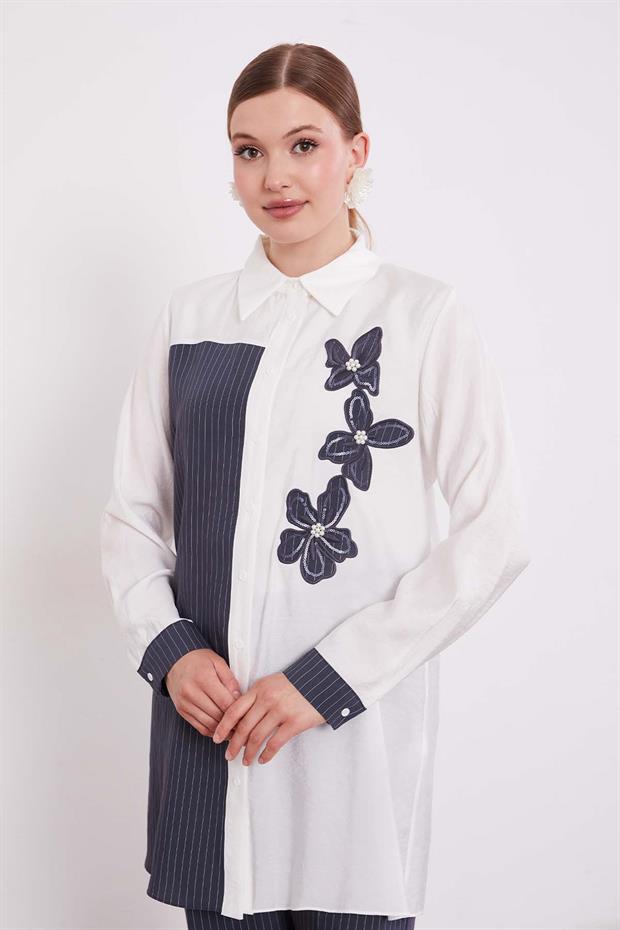 Antrasit Çizgili Çiçek Desen İkili Takım