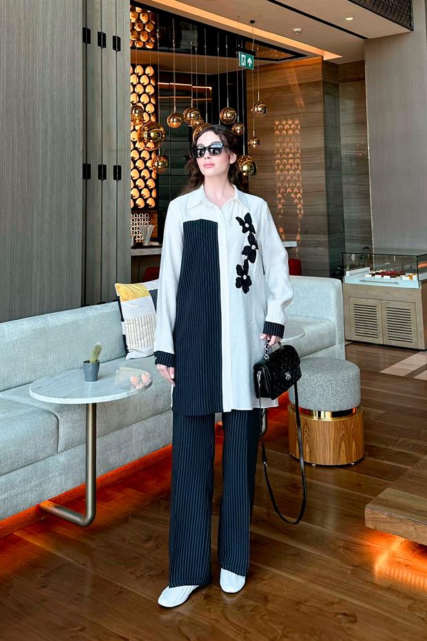 Antrasit Çizgili Çiçek Desen İkili Takım