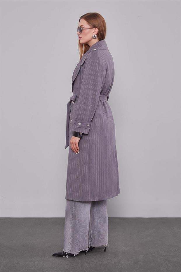 Antrasit Çizgili Desen Kuşak Kapamalı Trençkot