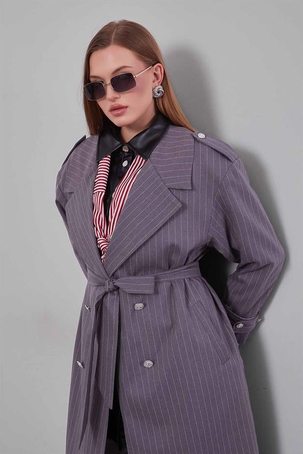 Antrasit Çizgili Desen Kuşak Kapamalı Trençkot