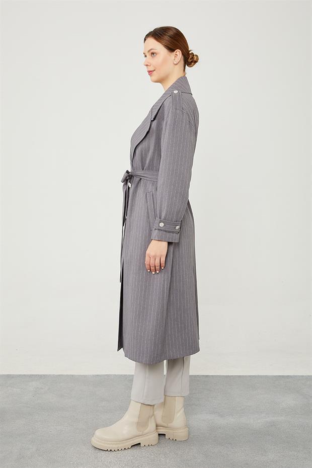 Antrasit Çizgili Desen Kuşak Kapamalı Trençkot