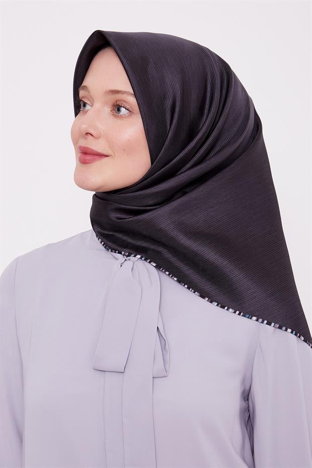 Antrasit Çizgili Twill İpek Eşarp