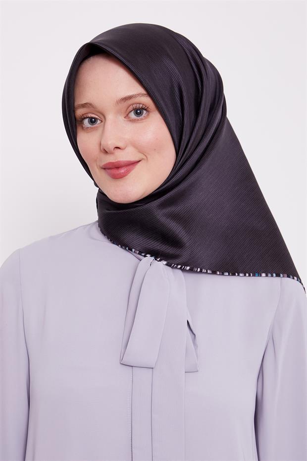 Antrasit Çizgili Twill İpek Eşarp