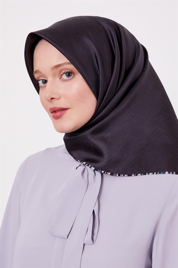 Antrasit Çizgili Twill İpek Eşarp