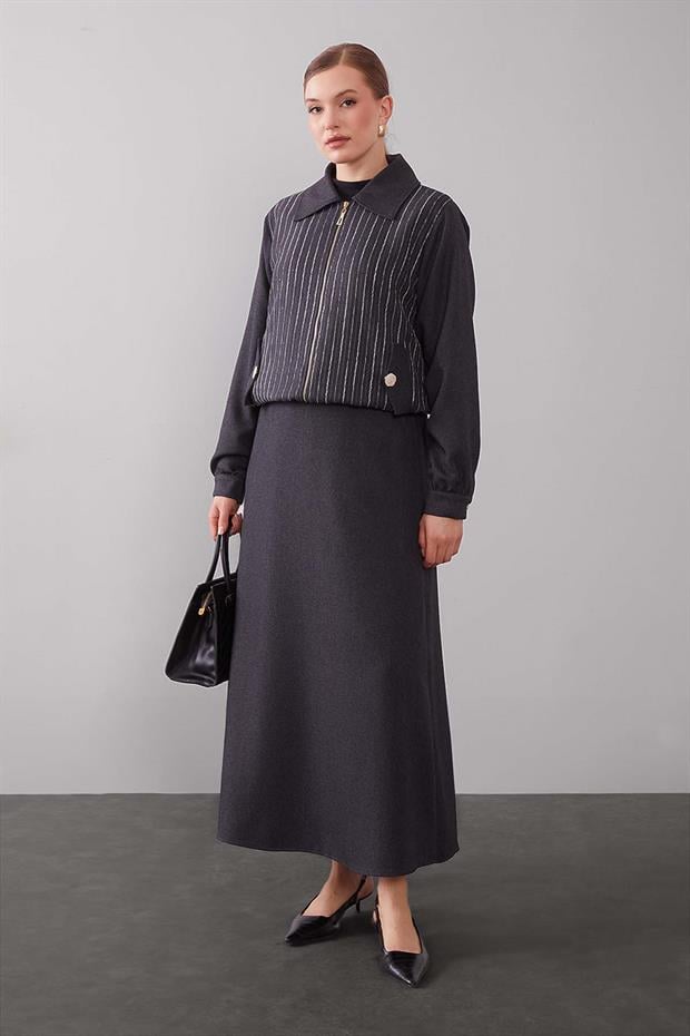 Antrasit Dikey Çizgi Detaylı Etek Takım