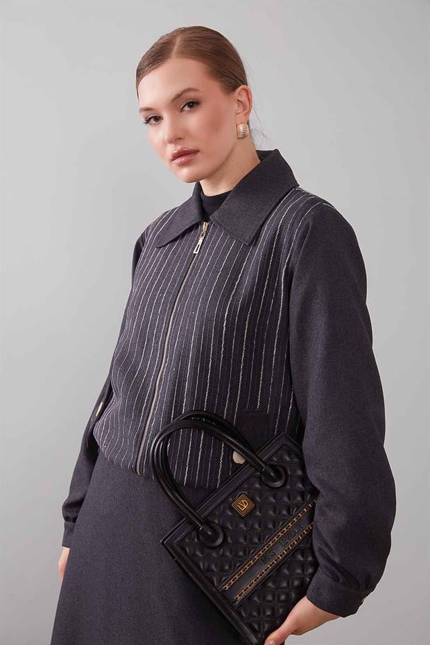 Antrasit Dikey Çizgi Detaylı Etek Takım