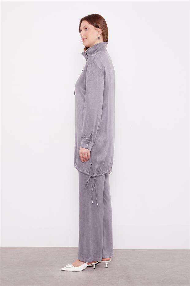 Antrasit Dik Yaka Düğme Detaylı Cupra İkili Takım