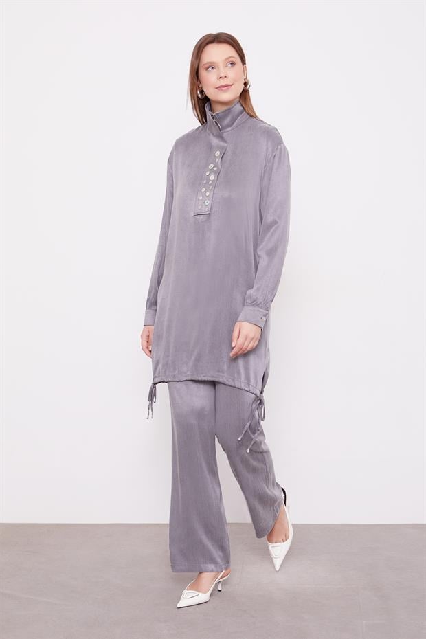 Antrasit Dik Yaka Düğme Detaylı Cupra İkili Takım