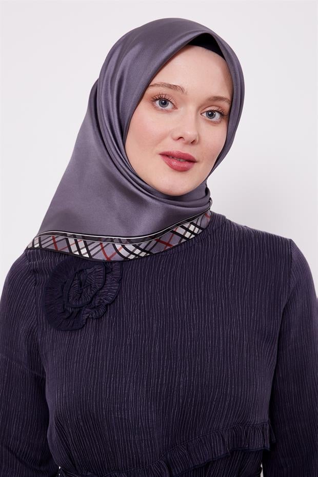 Antrasit Ekose Kenar Twill İpek Eşarp