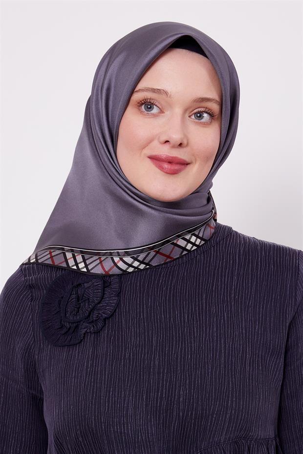 Antrasit Ekose Kenar Twill İpek Eşarp