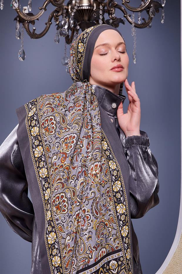 Antrasit Etnik Çiçekli Royal Şal