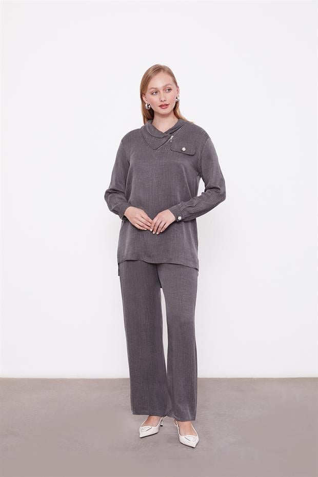 Antrasit Fermuar Detaylı Tunik Takım