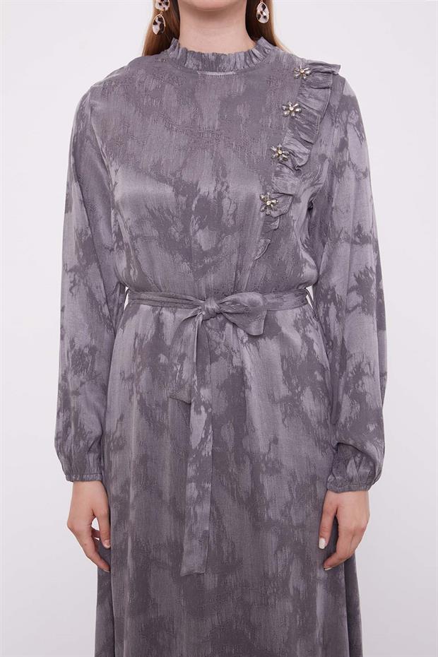 Antrasit Fırfır Detaylı Cupra Elbise