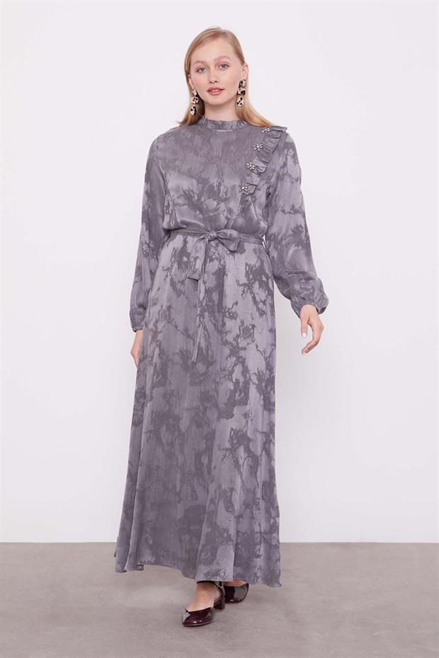 Antrasit Fırfır Detaylı Cupra Elbise