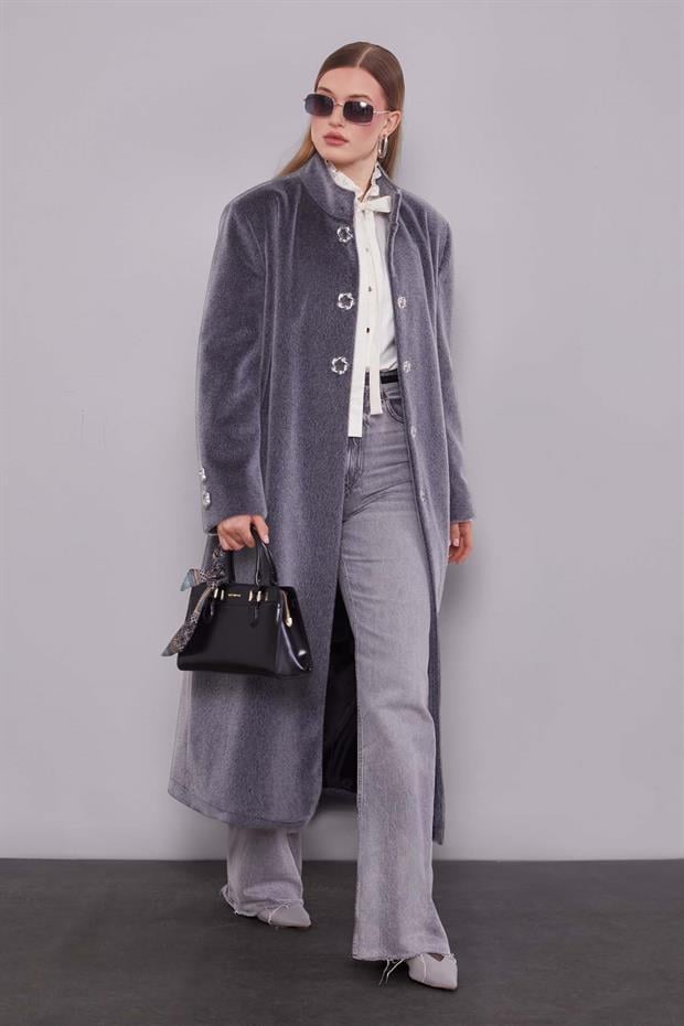 Antrasit Gold Aksesuar Detaylı Kürk Kaban