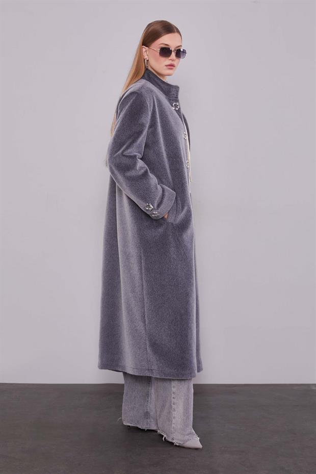 Antrasit Gold Aksesuar Detaylı Kürk Kaban