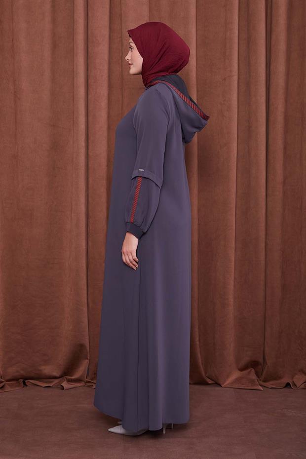 Antrasit Kapüşonlu İp Detay Ferace