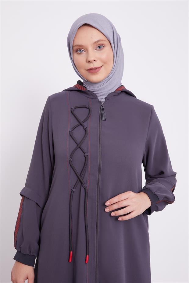 Antrasit Kapüşonlu İp Detay Ferace