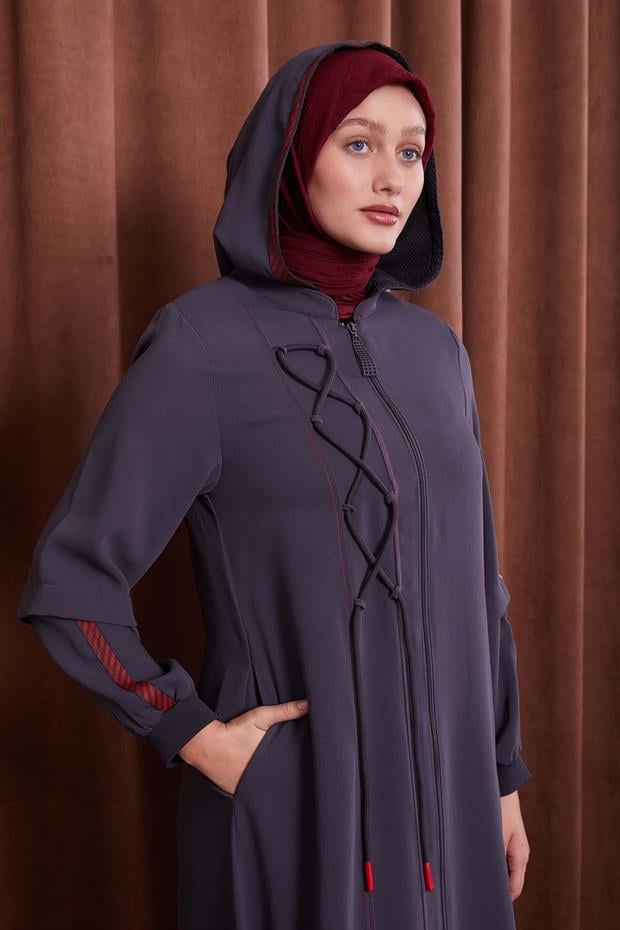 Antrasit Kapüşonlu İp Detay Ferace