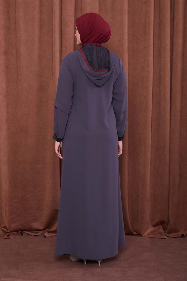 Antrasit Kapüşonlu İp Detay Ferace