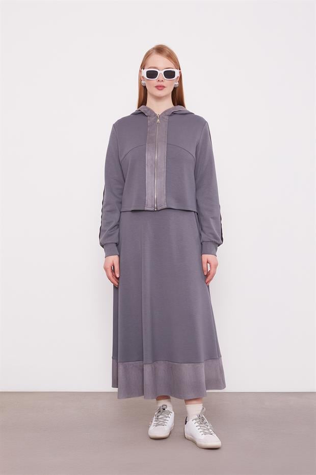 Antrasit Kısa Hırkalı Fermuar Kapamalı Etek Takım