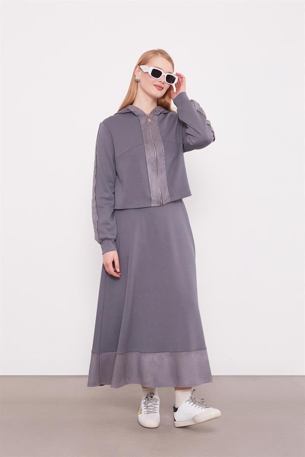 Antrasit Kısa Hırkalı Fermuar Kapamalı Etek Takım