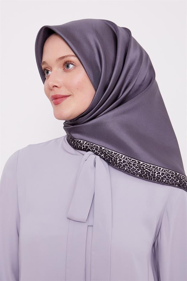 Antrasit Şerit Leopar Desen Twill İpek Eşarp