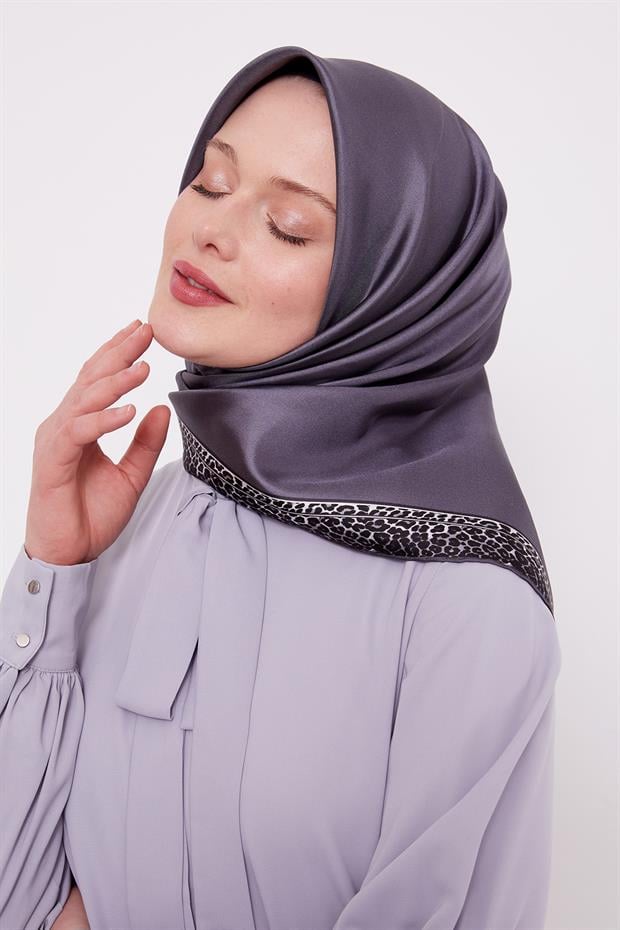 Antrasit Şerit Leopar Desen Twill İpek Eşarp