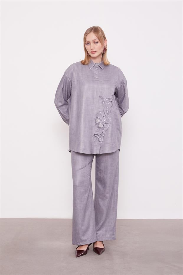 Antrasit Nakış Gül Detaylı Tunik Takım