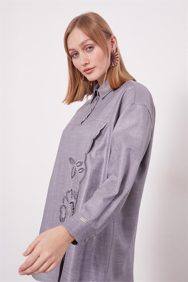 Antrasit Nakış Gül Detaylı Tunik Takım