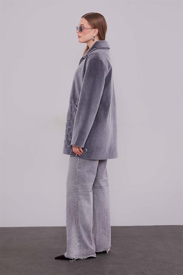 Antrasit Pullu Desen Midi Kaban