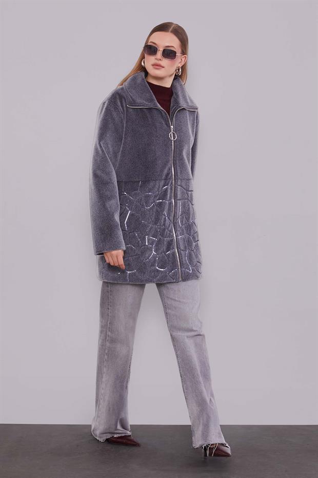 Antrasit Pullu Desen Midi Kaban