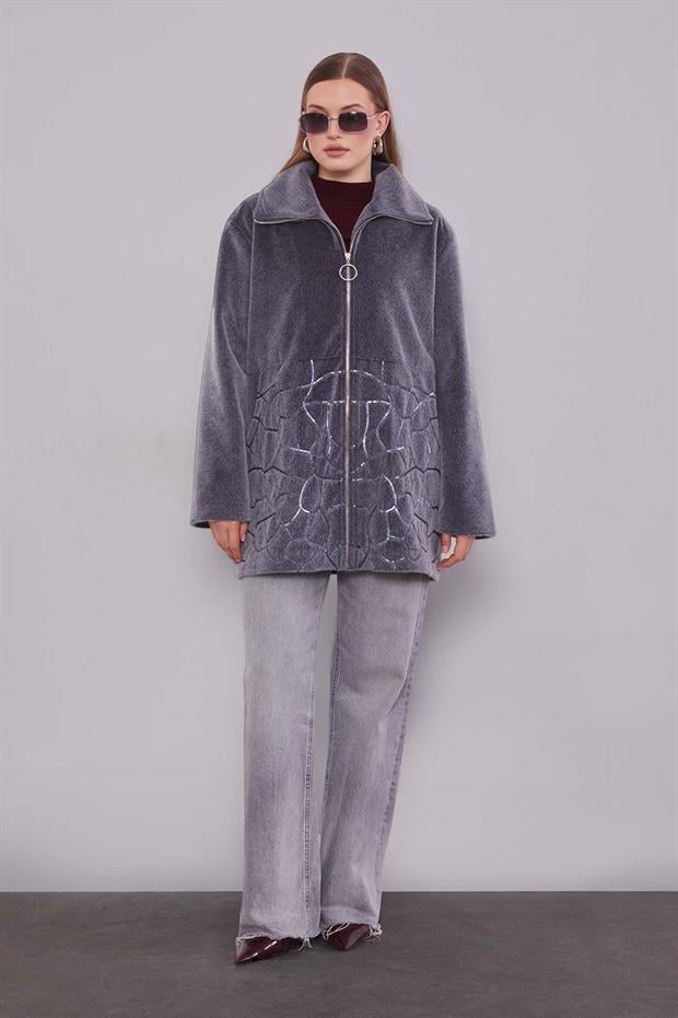 Antrasit Pullu Desen Midi Kaban