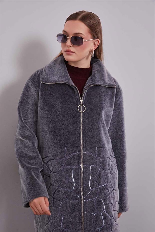 Antrasit Pullu Desen Midi Kaban