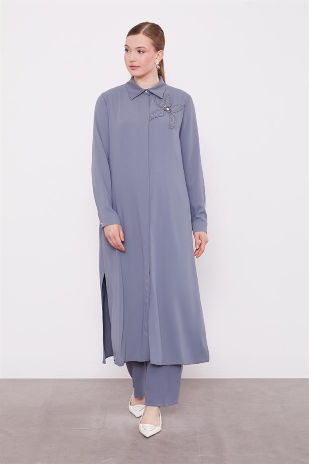 Antrasit Taş Çiçek Detaylı Tunik Takım